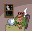 Cartoon about a fortune teller looking at her ball