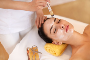 Face Treatment. Woman in Beauty Salon Gets Marine Mask