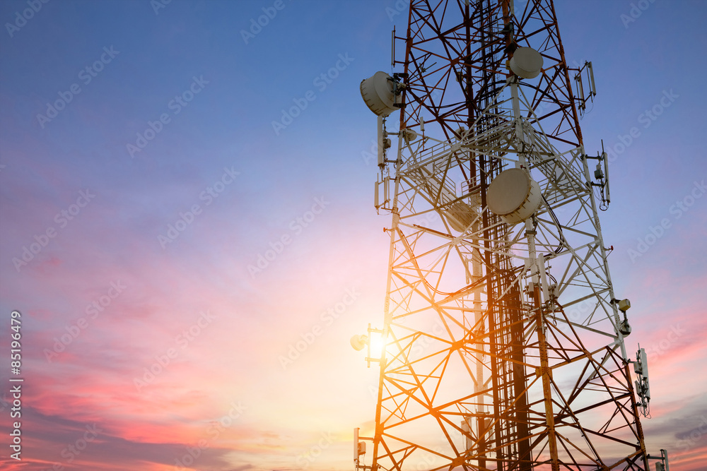 Satellite dish telecom network at sunset communication technolog - obrazy, fototapety, plakaty 