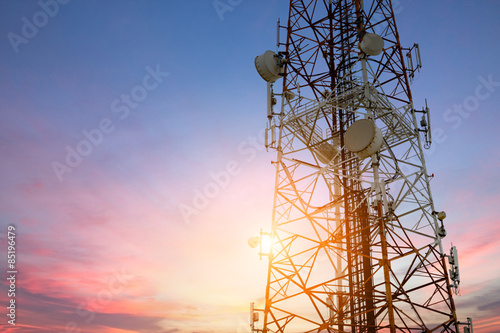 Fotomural Satellite dish telecom network at sunset communication technolog