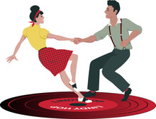 Young Caucasian Couple Dressed In Late 1940s Early 1950s Fashion Dancing Lindy Hop On A Vinyl Record, No Transparencies, EPS 8