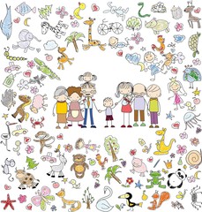  Vector children's doodle of happy family