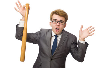 Young businessman with baseball bat isolated on white