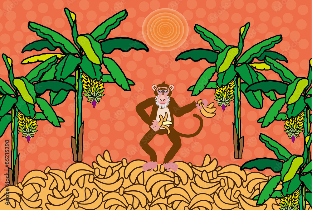 ユニークな猿とバナナの木のイラストはがきサイズ の Stock イラスト