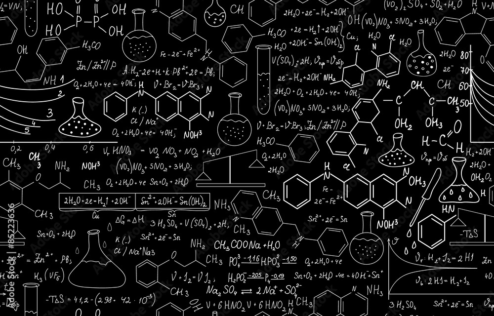 Chemistry vector seamless with plots, formulas, lab equipment - obrazy, fototapety, plakaty 