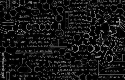 Fotomural Chemistry vector seamless with plots, formulas, lab equipment