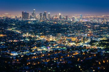 Poster - View of the downtown Los Angeles skyline at night, from Griffith