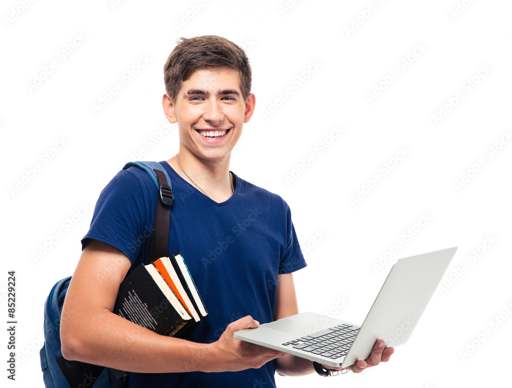 Happy male student with backpack and books holding laptop isolated on a ...