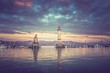 Beautiful evening seascape with lighthouse in harbor of Lindau -