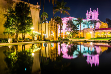 The El Prado Restaurant and Lily Pond at night in Balboa Park, S