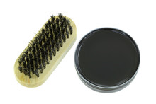A Can Of Shoe Polish In Black Color With A Shoe Brush, Isolated On White Background