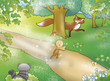 Gingerbread boy running in the wood. Digital illustration of gingerbread boy fairy tale.