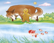 Gingerbread boy and fox going to swim in the river. Digital illustration for the gingerbread boy fairy tale.