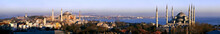 Wide Angle Panorama Istanbul Old City District At Daylight Including Most Famous Touristic Attractions Sophia And Sultan Ahmed Blue Mosque With Water Bosporus And Asian Side Town On Background