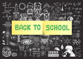 Wall Mural - Hand drawn back to school doodles on chalkboard with post it.
