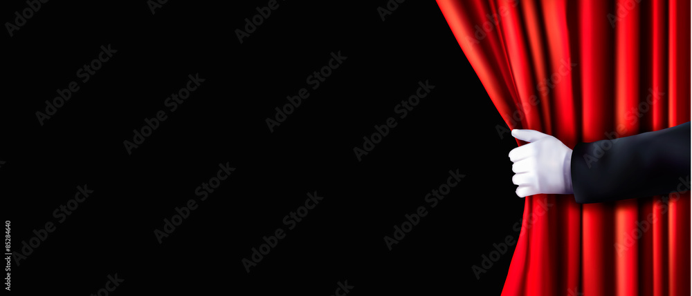 Background with red velvet curtain and hand. Vector illustration - obrazy, fototapety, plakaty 
