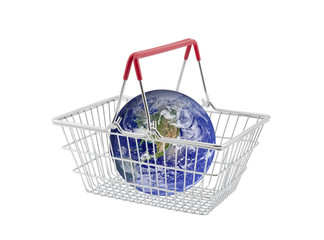 Supermarket basket containing globe isolated on white. Earth image provided by Nasa.