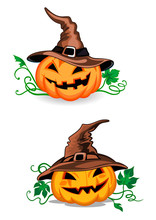 Cartoon Pumpkin Lanterns In Witch Hats
