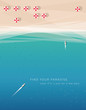 abstract minimalistic summer beach vacation holidays poster or wallpaper in trendy flat minimalistic style. Top view perspective of the blue ocean and white sand beach shore with parasols and yachts