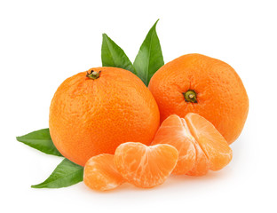 Wall Mural - Tangerines with leaves and slices on white background