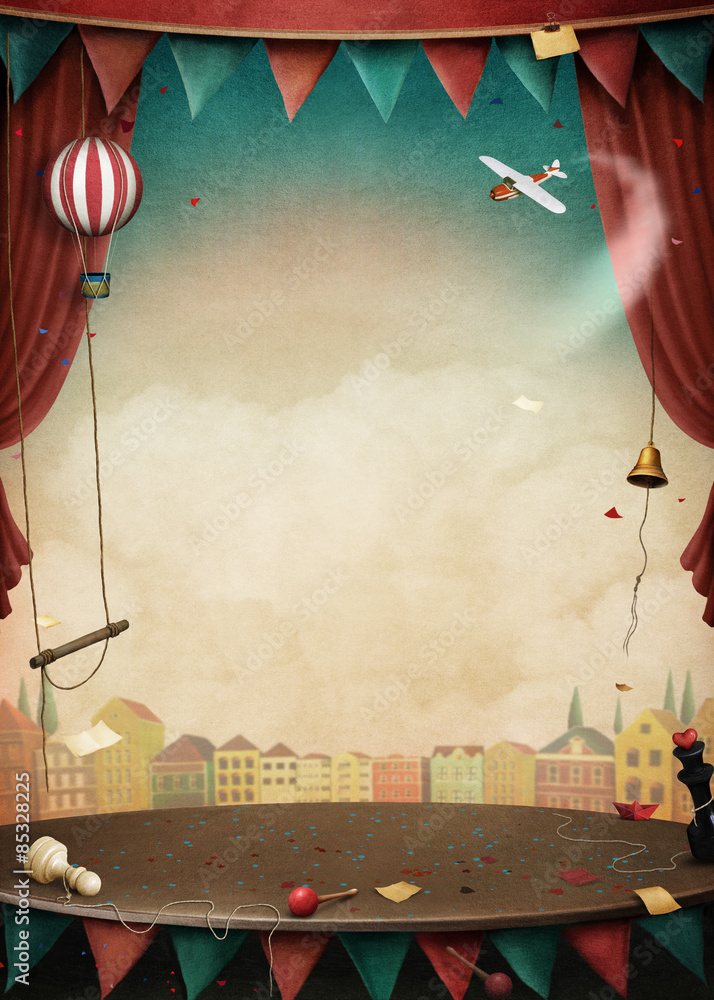 Bright background with various circus objects for illustrations and posters - obrazy, fototapety, plakaty 