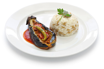 Wall Mural - karniyarik pilav, stuffed eggplant with pilaf, turkish cuisine isolated on white background