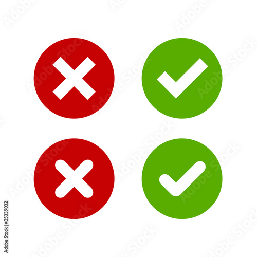 Fotografie, Obraz A set of four simple web buttons: green check mark and red cross in two variants (square and rounded corners)