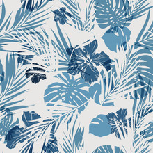Tropical Seamless Monochrome Blue Indigo Camouflage Background