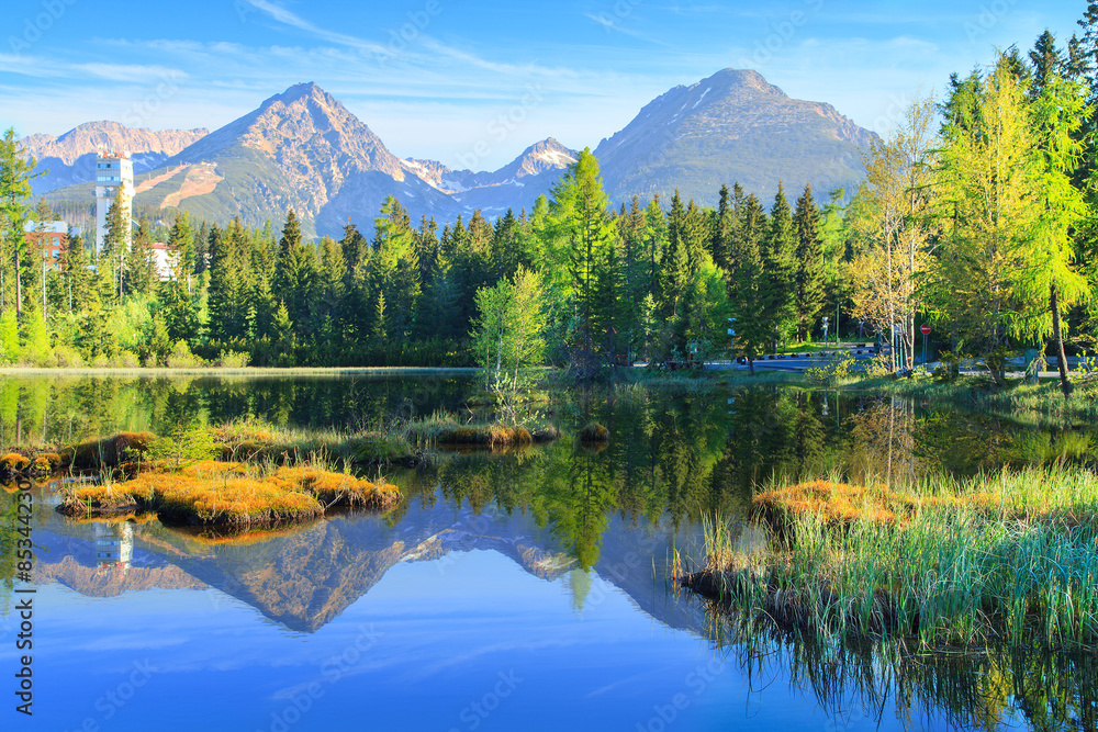 Obraz na płótnie Mountain lake Strbske Pleso in National Park High Tatra, Slovakia, Europe w salonie