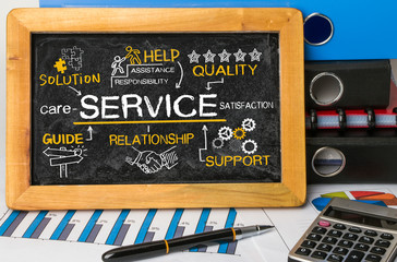 Wall Mural - service concept with business elements hand drawn on blackboard