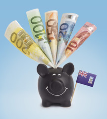 Various european banknotes in a happy piggybank of Falkland Isla