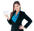 © iPortret - Cute young businesswoman holding blank card against white background