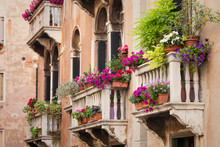 Beautiful Old Building Balconies With Colorful Flowers