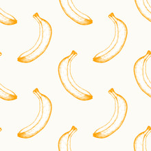 Seamless Pattern With Ink Hand Drawn Banana Sketch. Vector Vintage Fruit Background