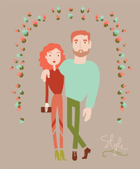 Young stylish couple in love. Man and woman fashion. Vector illu