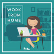 Cartoon Vector Character of Working Woman Sitting at Home with Laptop at the Table