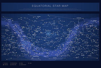 high detailed star map with names of stars, contellations and messier objects, colored vector