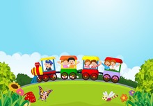 Cartoon Happy Kids On A Colorful Train