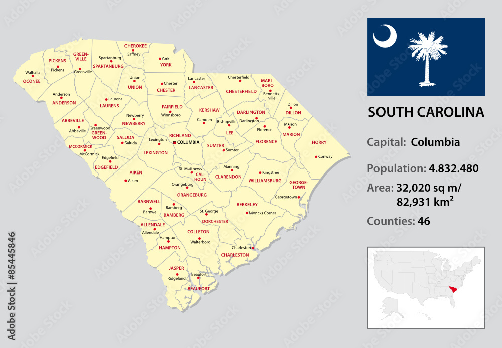south carolina administrative map with flag and country data Stock ...