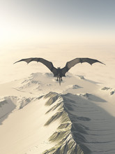 Fantasy Illustration Of A Grey Dragon Flying Over A Snow Covered Mountain Range, 3d Digitally Rendered Illustration