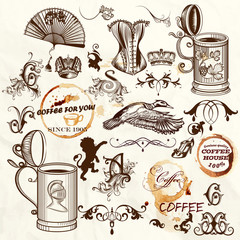 Wall Mural - set of engraved vintage objects a lot of things