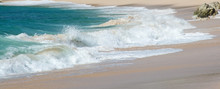 Green Wave Whith White Seafoam Closeup On Sandy Paradise Beach, Sri Lanka, Asia.
