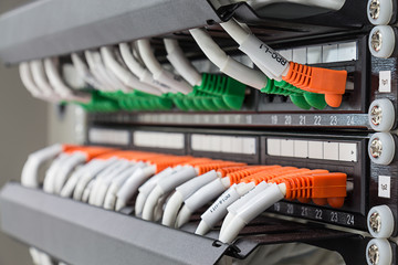 Local area network switch (LAN) ethernet cables on panel board