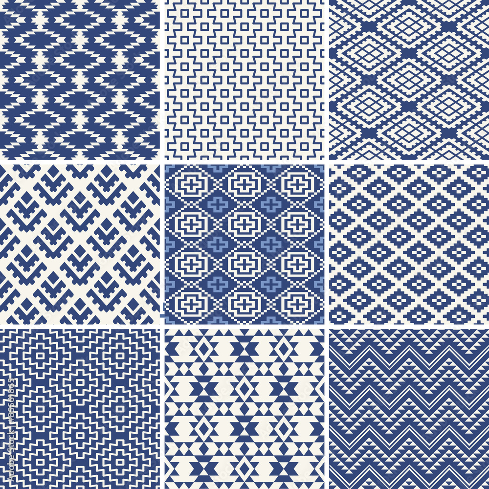 Geometric seamless ethnic background collection in blue and white Stock ...