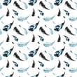 Seamless pattern of hand-painted watercolor black feathers on a