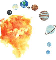 all the planets of the solar system , hand -drawn watercolor - S