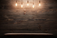Wood Shelf, Grunge Industrial Interior With Edison Light Bulb