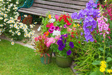 Fototapeta  - Cottage garden with bench and containers full of flowers