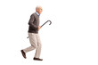 Joyful senior carrying a cane and running