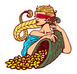 Blindfolded goddess of fortune holding cornucopia horn of plenty full of gold coins, good luck charm, lottery winning, bonanza, stroke of luck